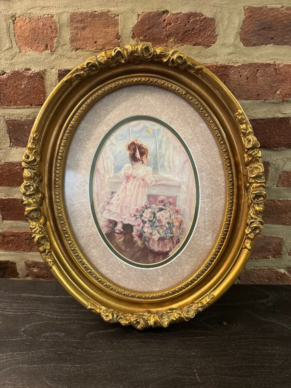 Vintage Gold Roses Oval Girl with Flowers framed picture